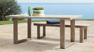 best outdoor furniture concrete dining table with cube-shaped wooden legs
