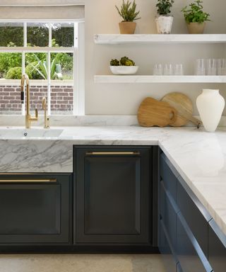 ways with Down Pipe, kitchen painted in Farrow & Balls Down Pipe, marble countertops, open shelving
