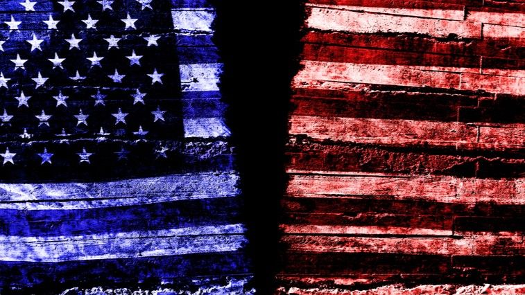 a digital image of the stars side of the American flag in blue and the stripes side in red to convey political gridlock