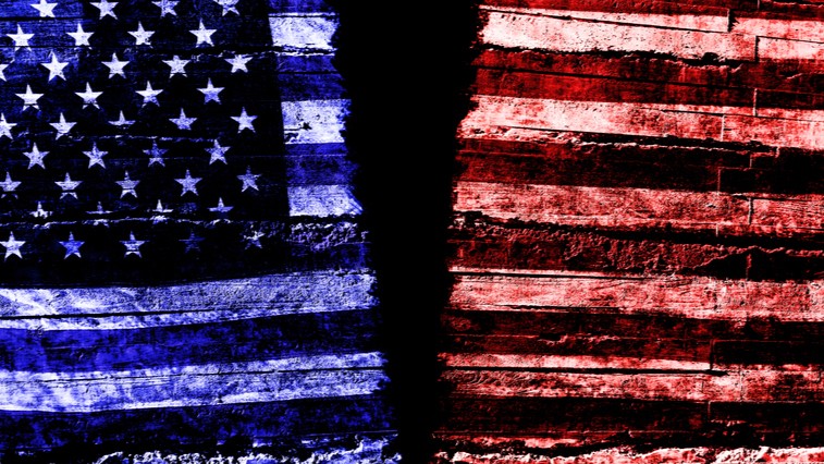 a digital image of the stars side of the American flag in blue and the stripes side in red to convey political gridlock