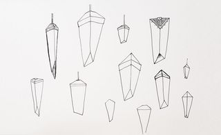 A sketch of Multiple shard-like tetrahedral lights in different sizes suspended in the air