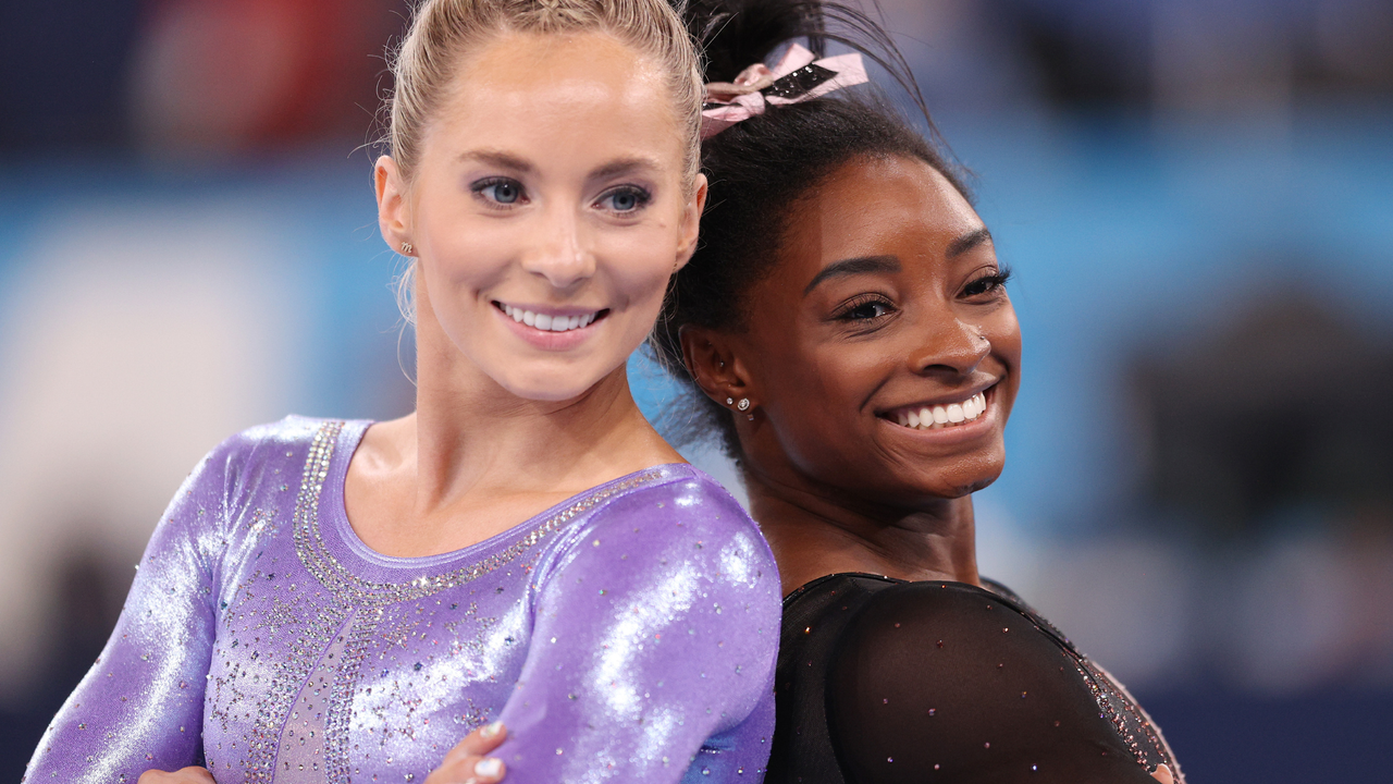 Mykayla Skinner and Simone Biles of Team United States pose for a photo during Women&#039;s Podium Training ahead of the Tokyo 2020 Olympic Games at Ariake Gymnastics Centre on July 22, 2021 in Tokyo, Japan.