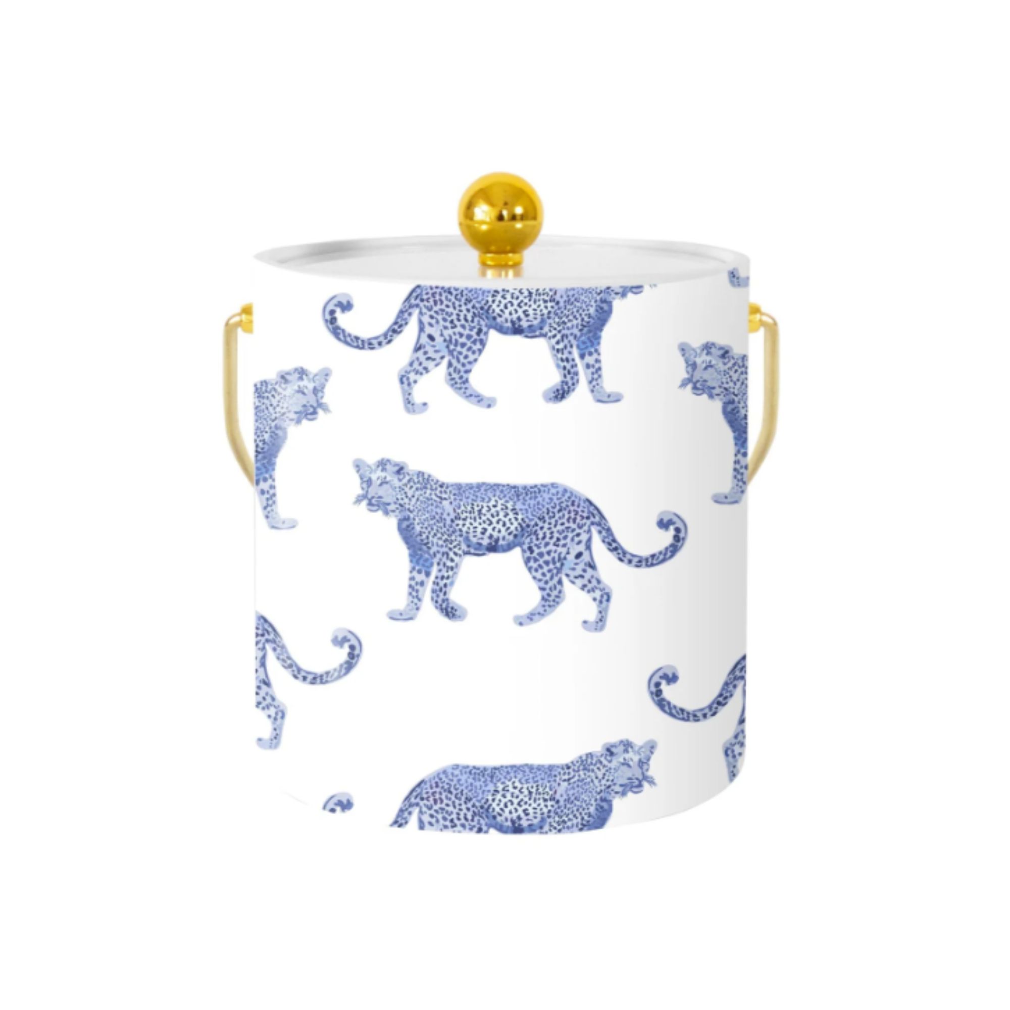 White ice bucket with blue cheetah print and gold handle