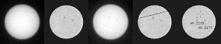 This comparison shows five different versions of observations that NASA's Curiosity rover made about one hour apart while Mercury was passing in front of the sun on June 3, 2014. Two sunspots, each about the diameter of Earth, also appear in the images, moving much less during the hour than Mercury's movement.
