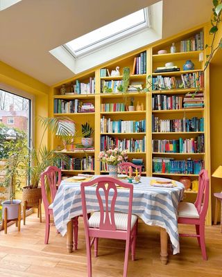 Colorful kitchen with yellow shelves
