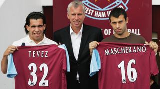 LONDON - SEPTEMBER 05: (L-R) Carlos Tevez, West Ham manager Alan Pardew and Javier Mascherano pose with their squad numbers during a West Ham United press conference to unveil the new signings at Upton Park on September 5, 2006 in London, England. (Photo by Christopher Lee/Getty Images)