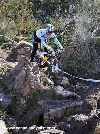 Sabine Spitz hits the first rock drop.