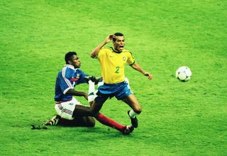 France's Marcel Desailly slides into Brazil's Cafu and is sent off in the 1998 World Cup final.