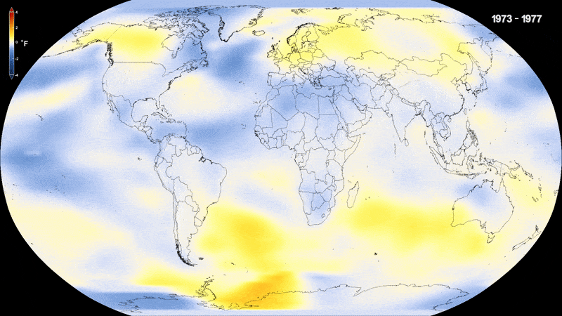 This color-coded map displays a progression of changing global surface temperature anomalies up to 2017.