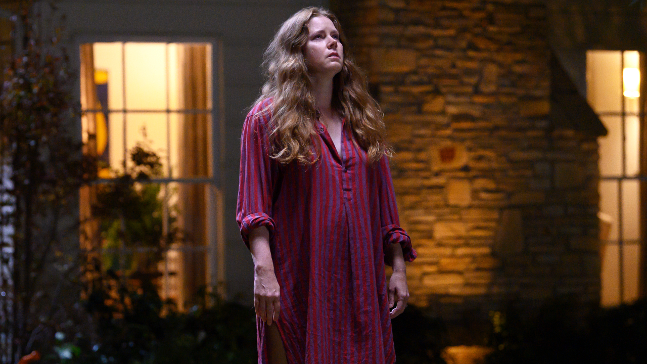 Amy Adams stands outside in a nightgown looking ominously up at the sky in Nightbitch.