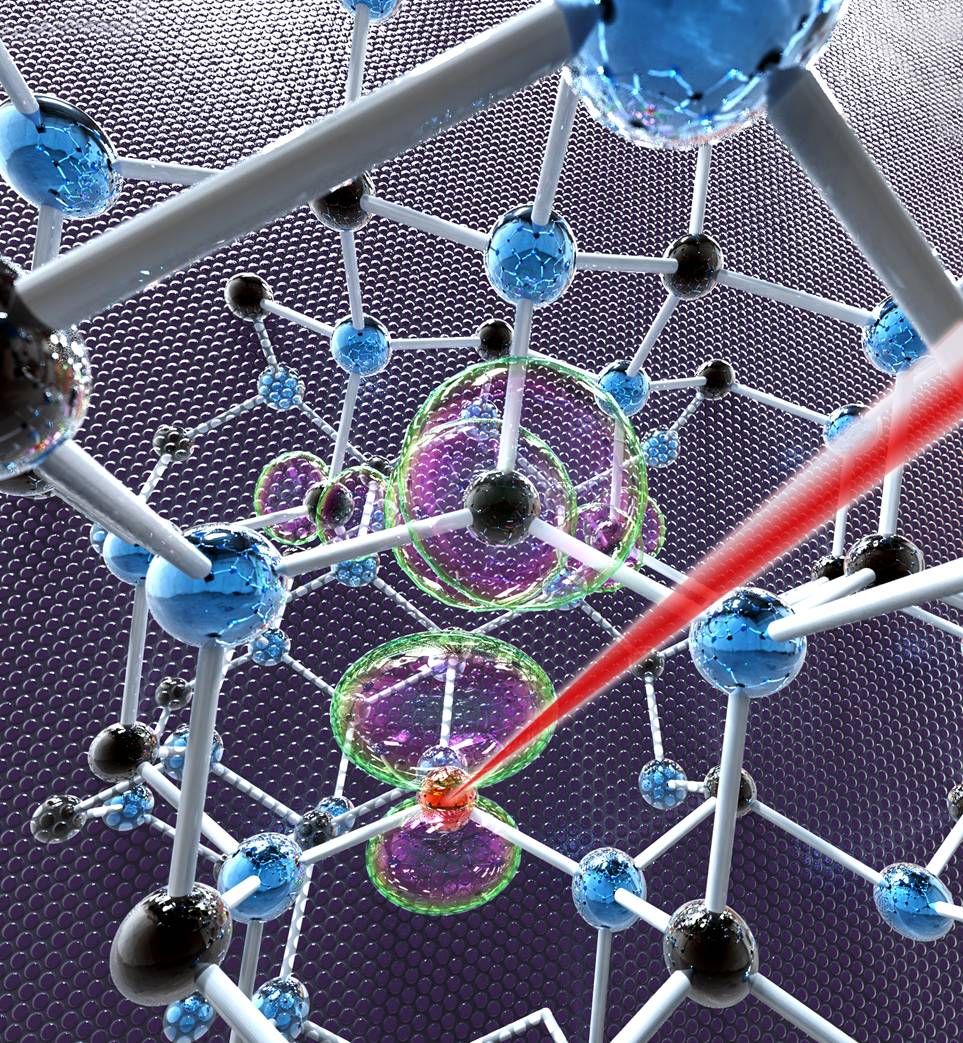 Molecular scaffolding with blue and black balls, silver connections and iridescent green bubbles.