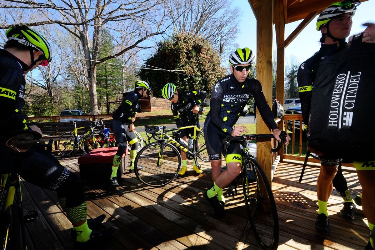Holowesko-Citadel riders prepare for a ride at team camp in South Carloina