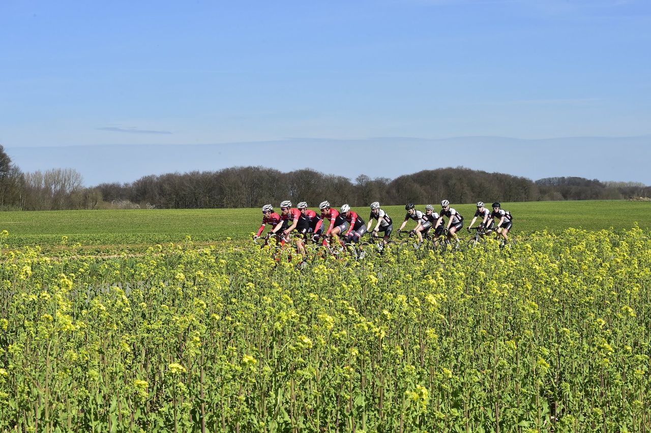 Trek-Segafredo rolling through Flemish fields