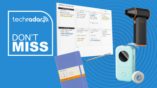 Various office essentials on a blue background next to a TechRadar badge reading 'Don't Miss'