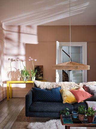 A pink living room with sofa