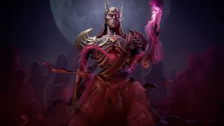 Vecna, a Lich God King with a purple flame in his hand with the cult of Vecna behind him in the shadows