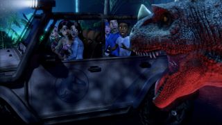 T-Rex threatening characters in Jurassic World: Camp Cretaceous