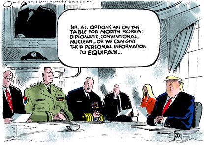 Political cartoon U.S. Trump North Korea Equifax