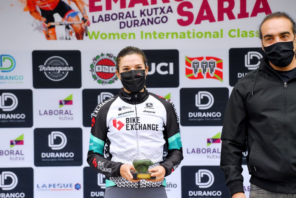 DURANGO SPAIN MAY 18 Ane Santesteban Gonzalez of Spain and Team BikeExchange best Basque rider celebrates at podium during the 20th DurangoDurango Emakumeen Saria 2021 a 1157km stage from Durango to Durango Mask Covid safety measures Trophy scduranguesa DurangoDurango2021 on May 18 2021 in Durango Spain Photo by Luc ClaessenGetty Images