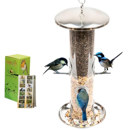 Provide Large Stainless Steel Bird Feeder With Tray, Garden Bird Seed Feeder, Bird Feeders for Small Birds, Metal Wild Bird Feeders. Hanging Bird Feeder for Seeds, Bird Feeders for Wild Bird