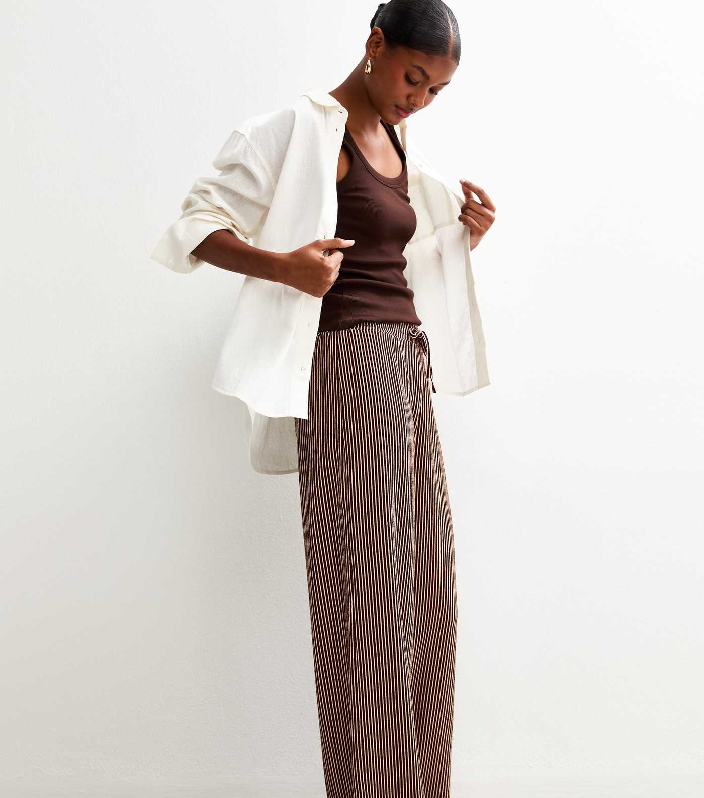 Brown Striped Drawstring Waist Wide Leg Trousers