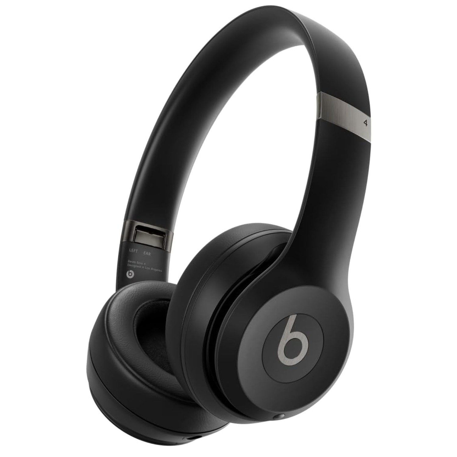 Render of the Beats Solo 4 wireless headphones in black, on a white background.