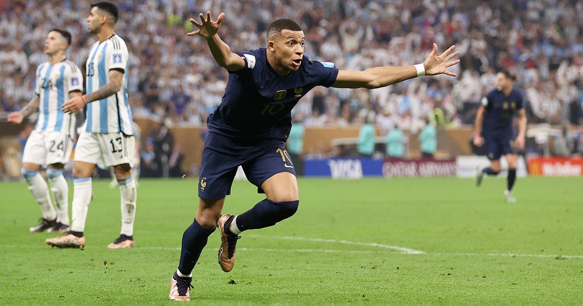 Kylian Mbappe of France celebrates after scoring the team&#039;s second goal during the FIFA World Cup Qatar 2022 Final match between Argentina and France at Lusail Stadium on December 18, 2022 in Lusail City, Qatar.