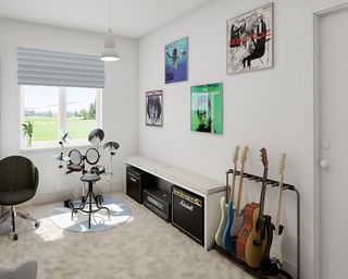 Music room showing vinyl displayed on the wall