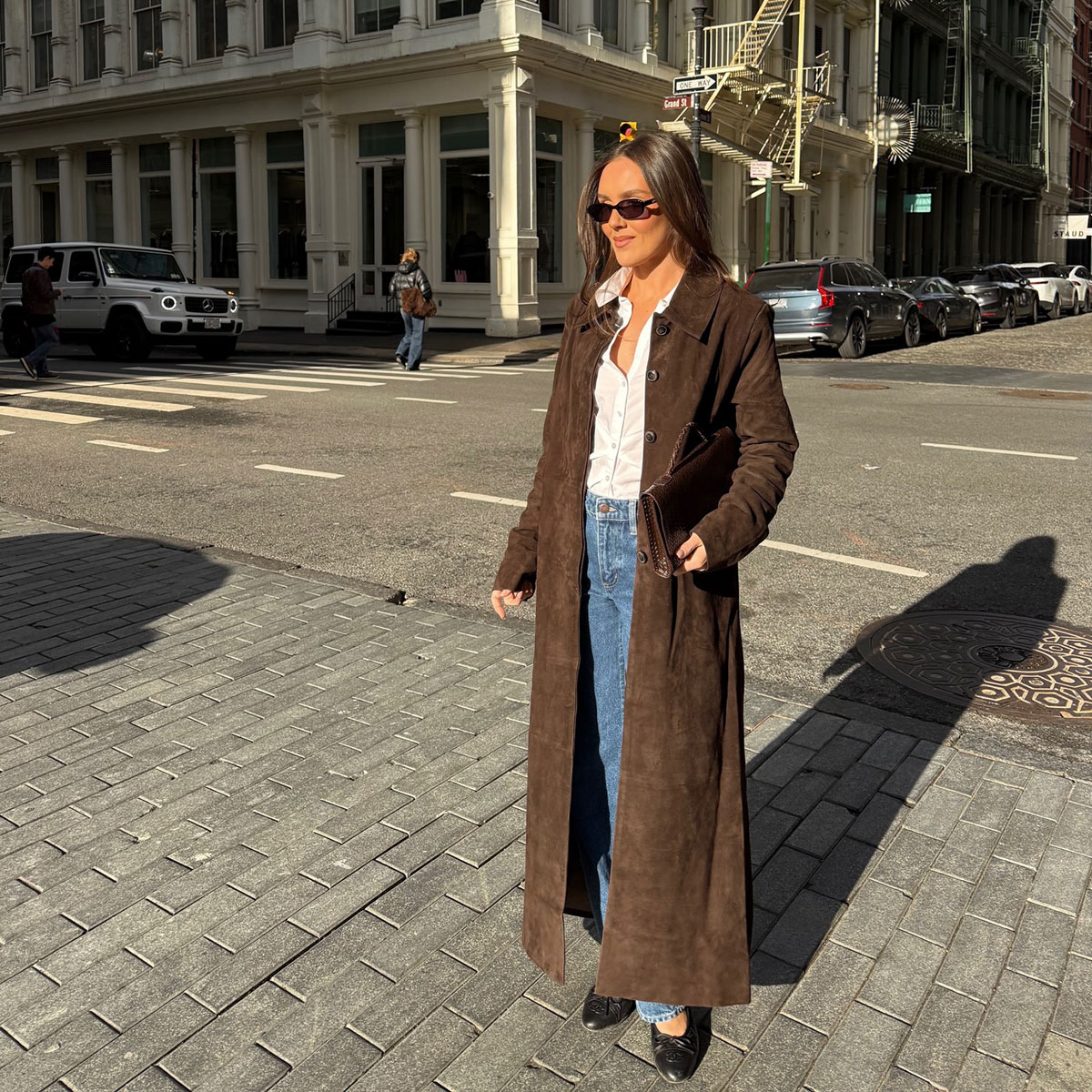 @emmaleger in brown suede SRG brand trench coat