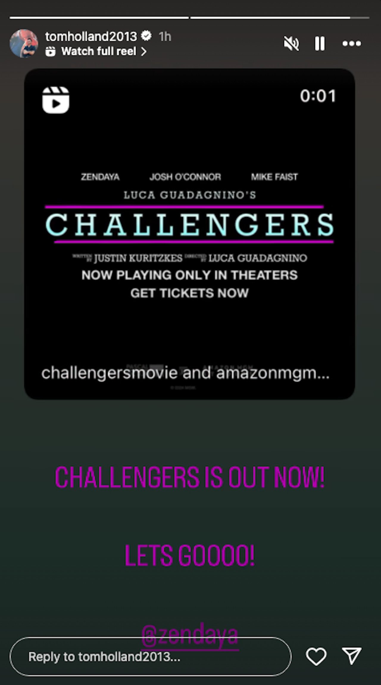 Tom Holland sharing Challengers release on Instagram stories, April 27, 2024