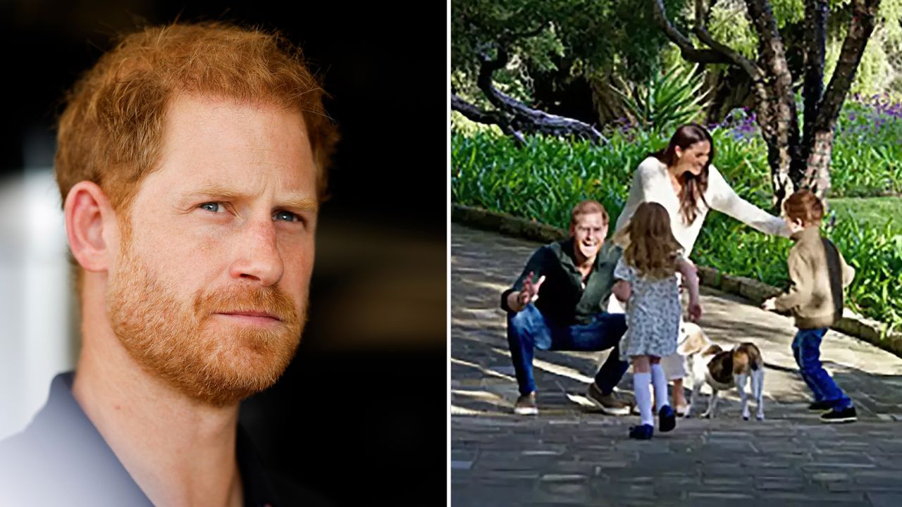 Prince Harry looks pensive, he is shown with his family, Meghan Markle, Prince Archie, Princess Lilibet in the garden of their Montecito home