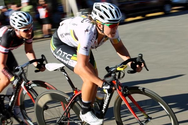 Eventual series winner, Chloe Hosking (HTC-HighRoad) accelerates out of a corner.