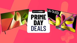 LG OLED B4 on left and LG OLED B3 on right with Prime Day deals badge in centre and pink backdrop