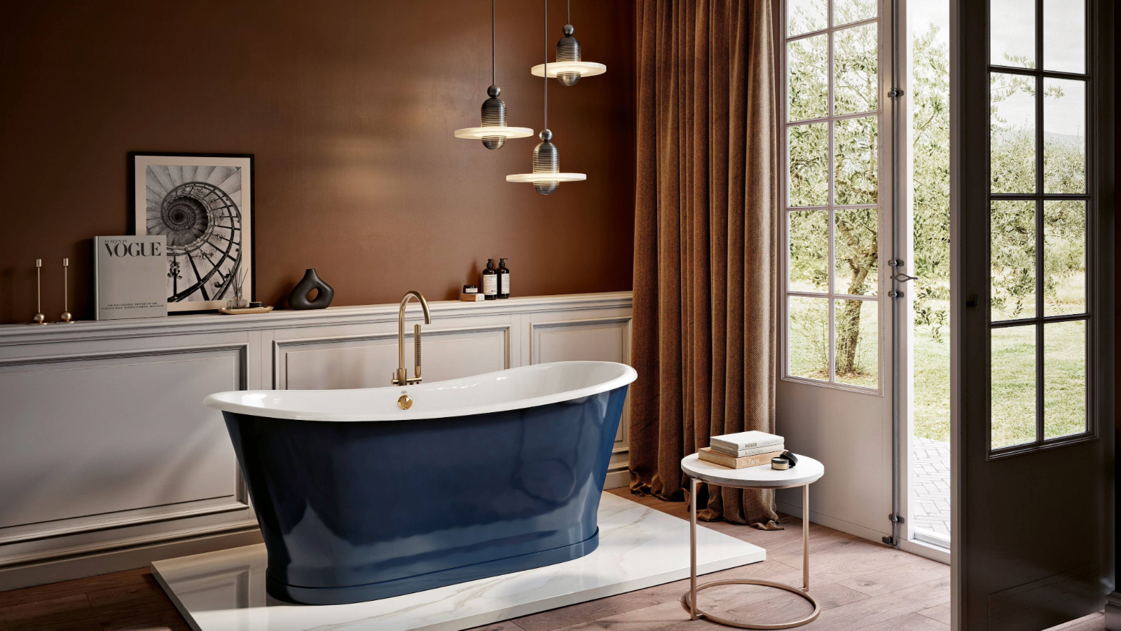 Downstairs bathroom idea featuring a freestanding bath on a marble platform with large doors that open onto a garden