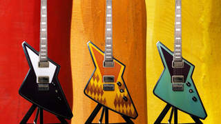 Cream Guitars DaVinci in three different modes on a brightly colored background