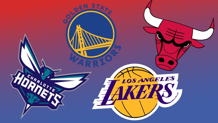 Four of the best NBA logos: the Charlotte Hornets logo, Golden State Warriors logo, Chicago Bulls logo and Los Angeles Lakers logo on a red and blue gradient background