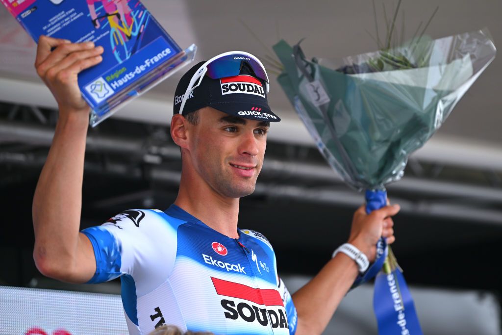 PONTMARCQ FRANCE MAY 17 Warre Vangheluwe of Belgium and Team Soudal QuickStep celebrates at podium as stage winner during the 68th 4 Jours de Dunkerque Grand Prix des Hauts de France 2024 Stage 4 a 1668km stage from Mazingarbe to PontMarcq on May 17 2024 in PontMarcq France Photo by Luc ClaessenGetty Images