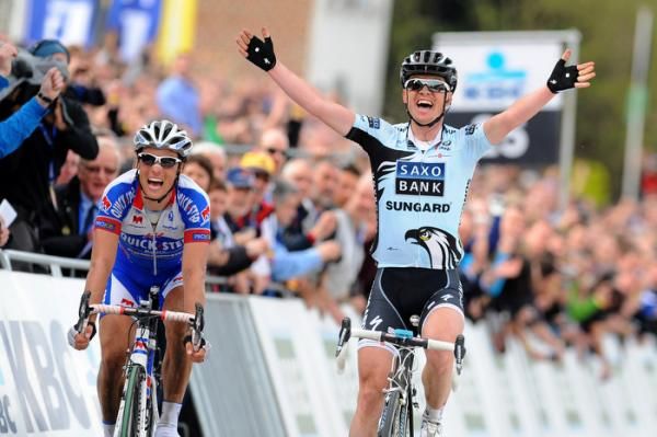 Nuyens tops Chavanel and Cancellara in a mad dash for the line.