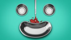 Illustration of a smiling face composed of surgical trays and a bloody scalpel