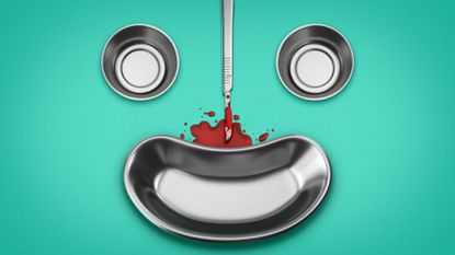 Illustration of a smiling face composed of surgical trays and a bloody scalpel