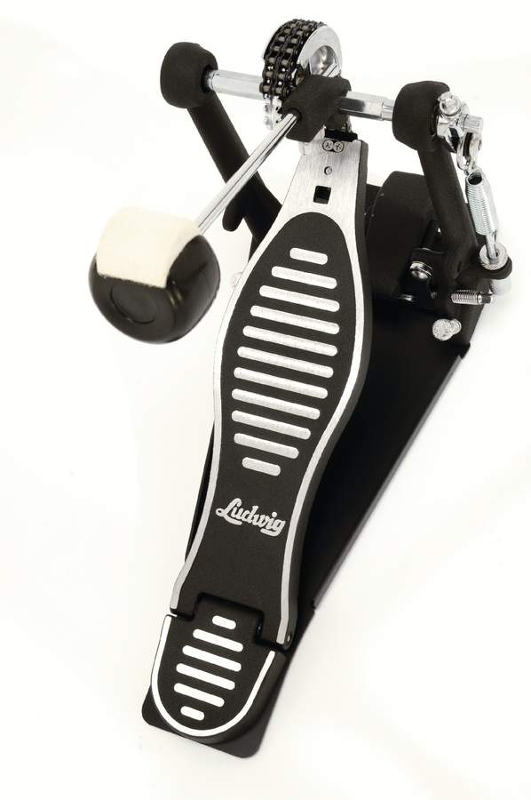 The bass pedal has a heavy stabilising plate and a powerful, direct action