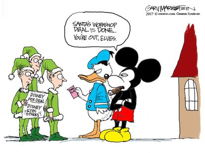 Editorial cartoon U.S. Disney Fox merger Christmas