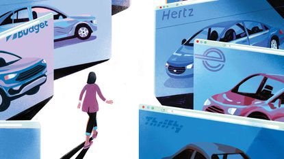 illustration of woman walking through hall of rental cars
