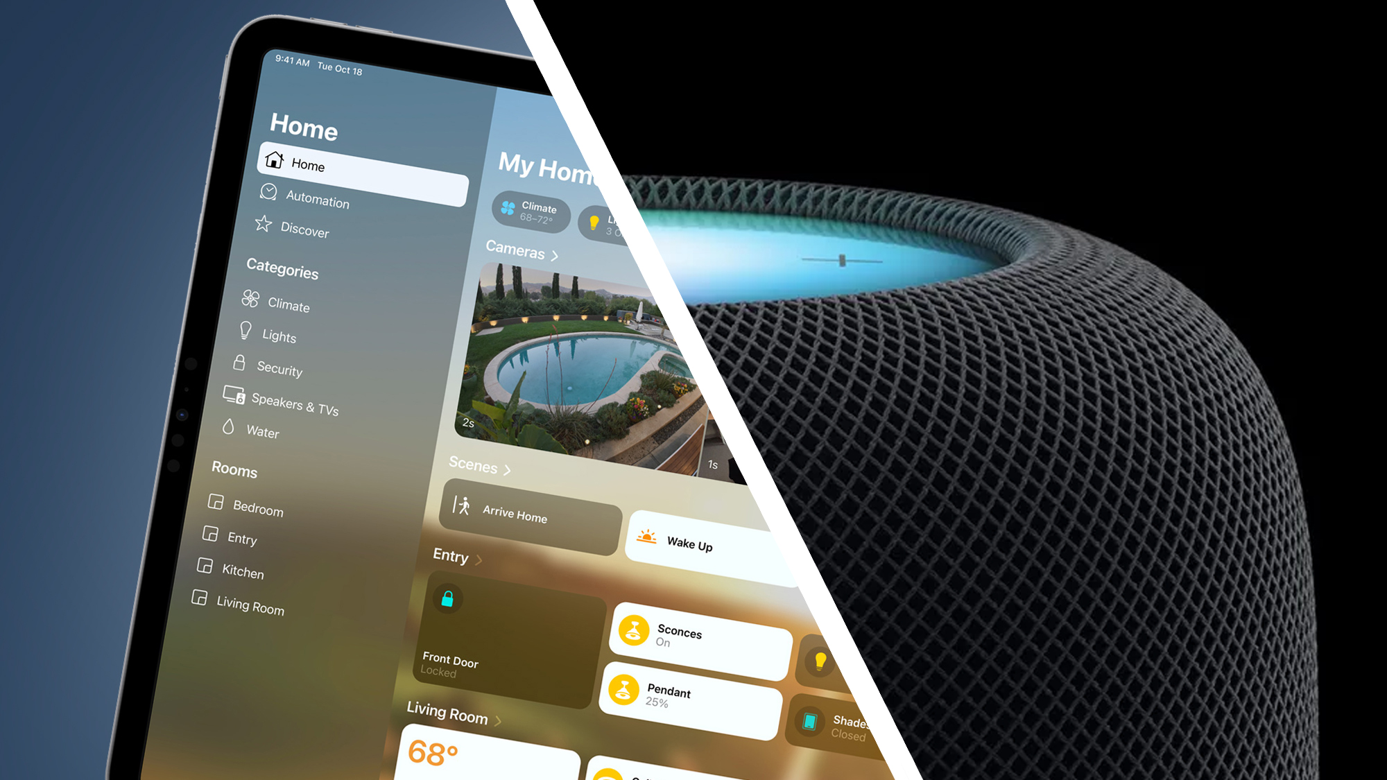 An iPad with smart home controls next to an Apple HomePod on a black background
