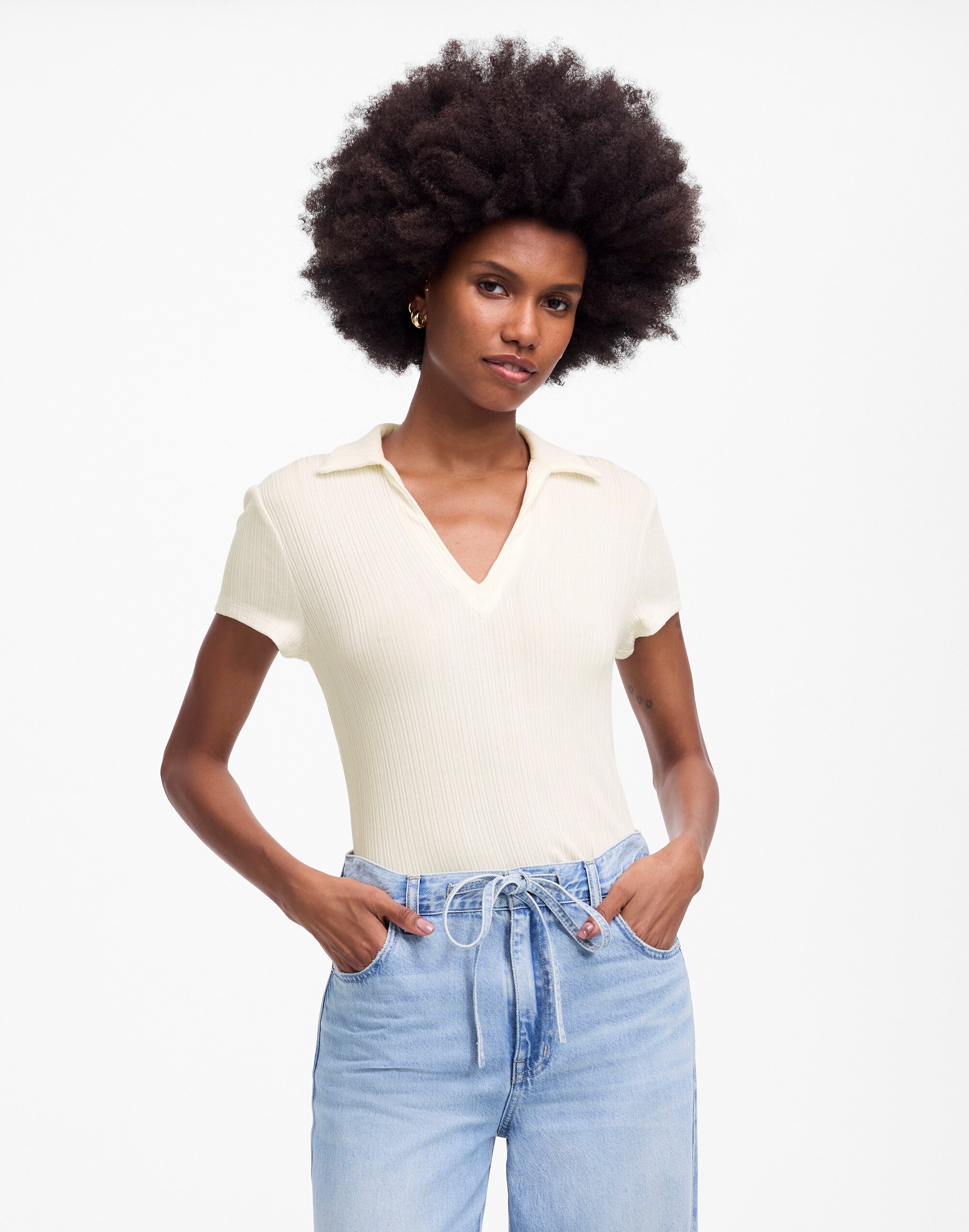 Ribbed V-Neck Polo Tee