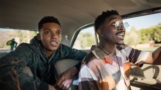 Jabari Banks as Will, Jordan L. Jones as Jazz, in a car together, with Jazz driving and Will in the back seat leaning forward