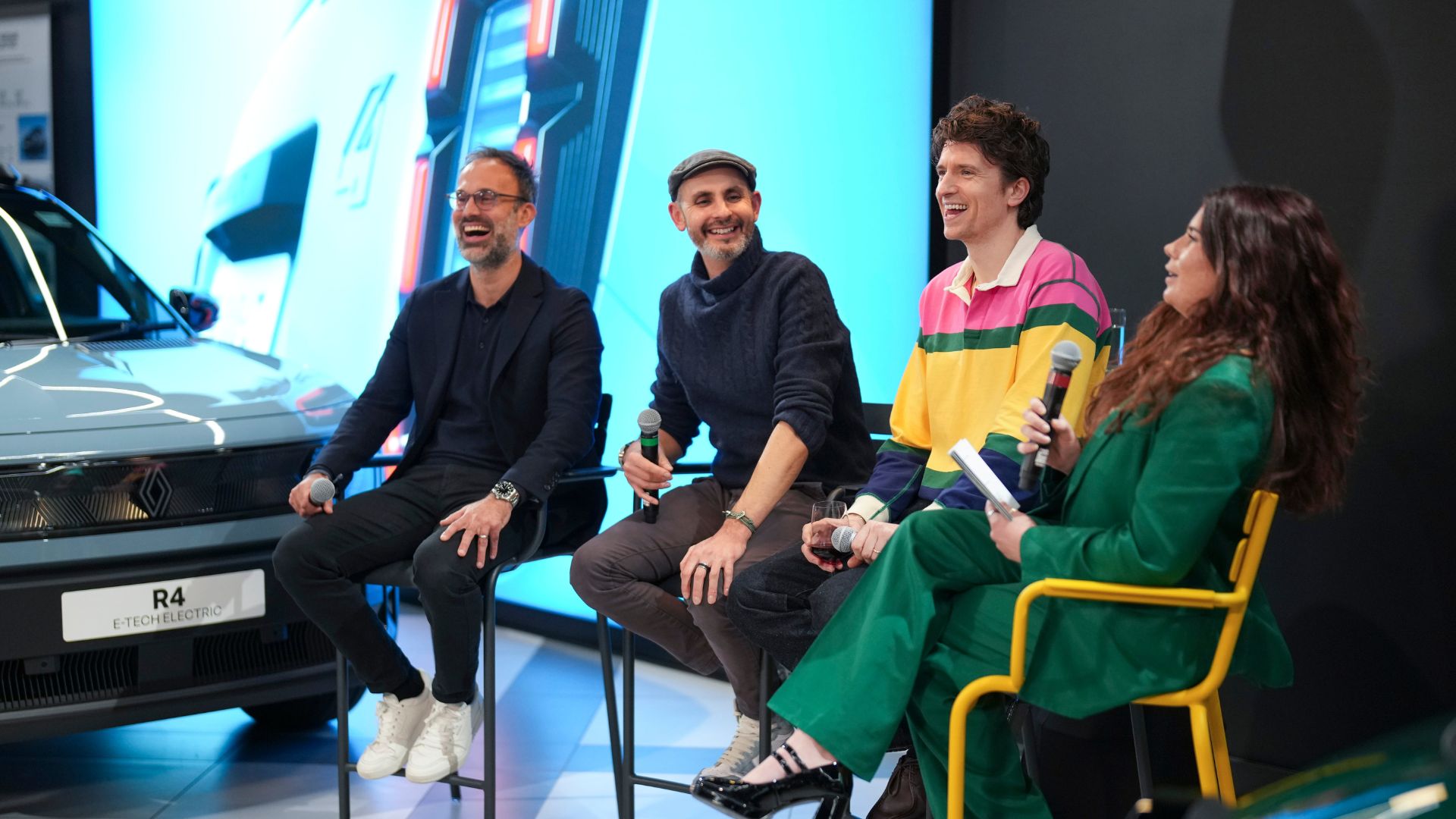an image of the panel at the Renault Shortlist event, from L-R Adam Wood, Jonny Smith, Greg James and Hermione Blandford