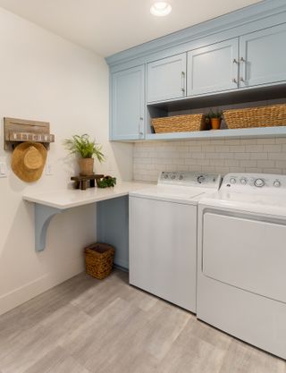 Laundry room with shelf and wall cabinets in blue