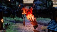 A god hand in Masters of Albion spews flames out onto enemies across a bridge
