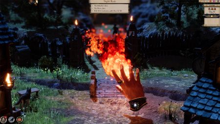 A god hand in Masters of Albion spews flames out onto enemies across a bridge